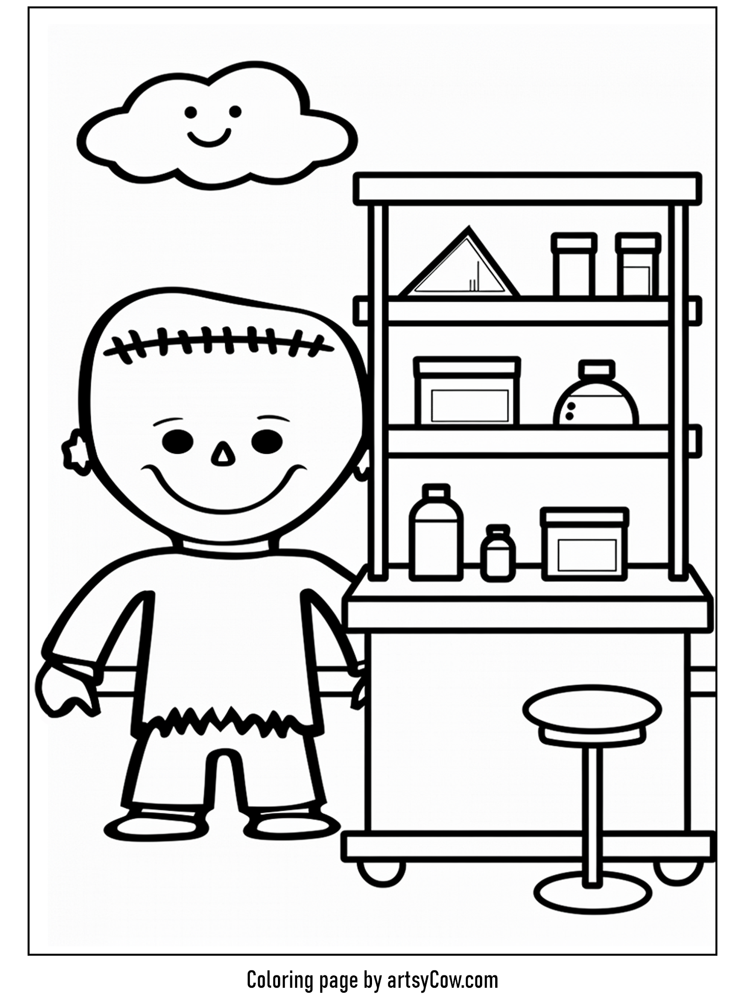 Frankenstein smiling next to a laboratory setup